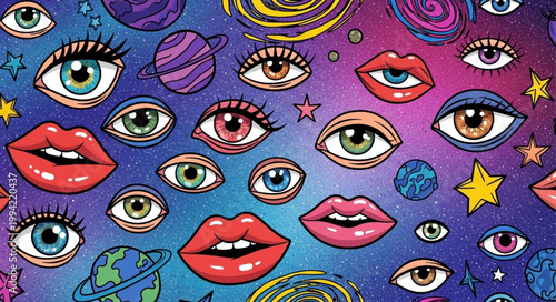 Cosmic Eyes and Lips Psychedelic Pattern.