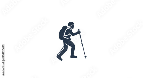 Silhouette of a hiker with backpack and trekking poles on a white background