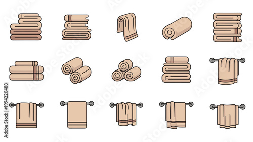 Comprehensive set of beige towel icons showing various folding styles and hanging positions for bathroom decor.