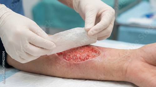 Medical professional treating a wound.