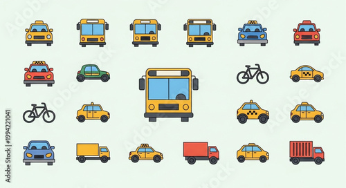 Collection of various vehicles and transportation icons.