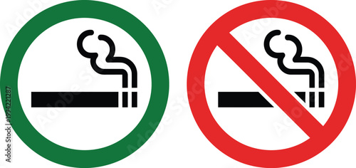 No smoking and smoking area sign set, vector illustration of smoking prohibited and smoking allowed area signs with no vaping symbol in red green and black colors for warning design.