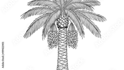 Intricate black and white botanical line drawing of a tall date palm tree loaded with heavy clusters of fruit in an arid landscape.