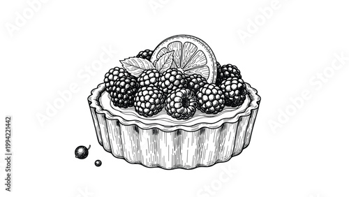Hand-drawn black and white sketch of a delicious blackberry tart garnished with a slice of lemon and fresh mint leaves, top view.