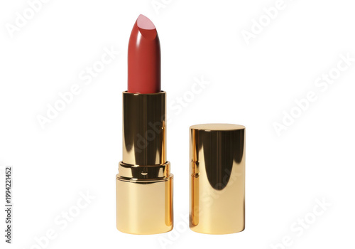 Red lipstick in gold tube isolated on transparent background