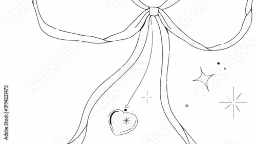 A delicate line drawing of a ribbon bow with a heart shaped charm and stars