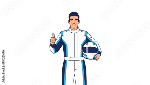 Professional racing driver in a white and blue uniform holding a helmet and giving a confident thumbs up gesture after a successful race.