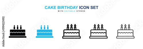 Cake birthday icons vector collection in black and blue colors on white background
