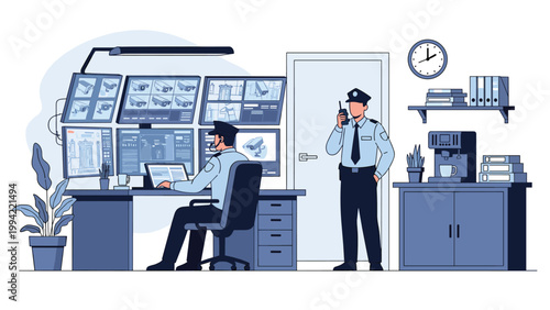 Security professional monitoring several screens in a high-tech surveillance control room with specialized computer and radio equipment.