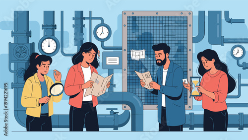 Group of diverse friends working together to solve complex puzzles and find hidden clues in a steampunk-themed escape room adventure.