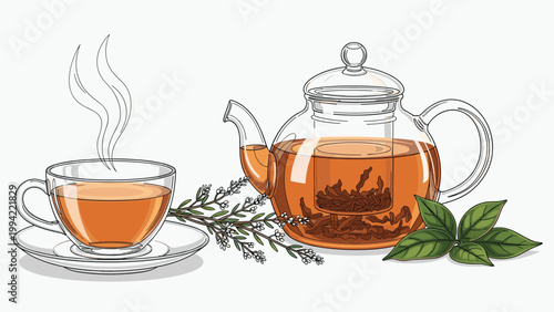 Elegant glass teapot filled with amber colored tea next to a matching cup on a saucer with fresh green tea leaves and small flowers.