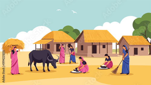 Daily life in a traditional Indian village with women performing chores like cleaning, carrying grain, and tending to livestock outdoors.