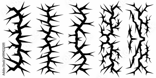 Black and white illustration of jagged thorn like vertical shapes