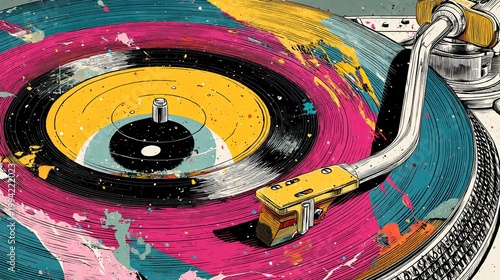 Artistic turntable closeup with bold painted music disc spiral design