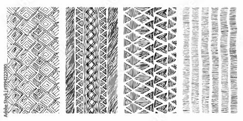 Four vertically arranged black and white abstract patterned bands
