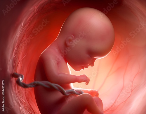 Detailed Medical Illustration of a Fetus Inside the Womb with Umbilical Cord.
