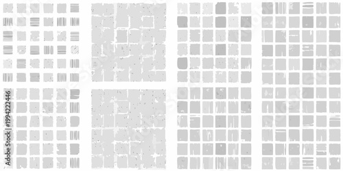 Abstract grid of varying grayscale textures and line patterns