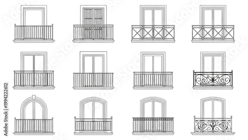 Collection of Architectural Balcony Designs Isolated on White Background