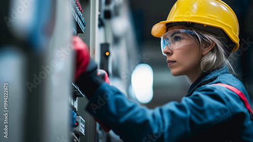Focused female engineer checking an electrical control panel, showcasing industrial maintenance, safety, and modern technology