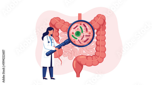 Female doctor examining a large intestine with a magnifying glass to view bacteria, symbolizing gut health research and microbiome study.
