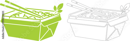 Green vegan salad takeout box with chopsticks and leaves