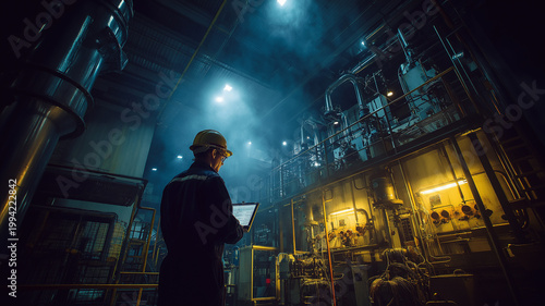 Systems engineer conducts analysis of intricate machinery in a dimly lit industrial setting Generative AI