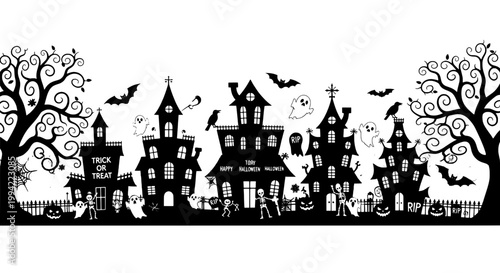 Halloween cemetery town banner with crooked houses, bats, ghosts, and spooky trees, flat graphic design for party flyers