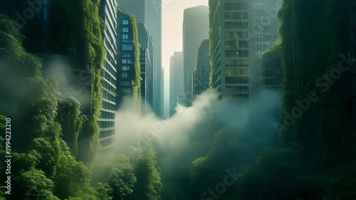 A futuristic cityscape rises through dense fog and lush greenery in a serene natural landscape.