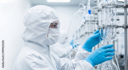 Person in sterile suit and mask working with laboratory glassware and equipment