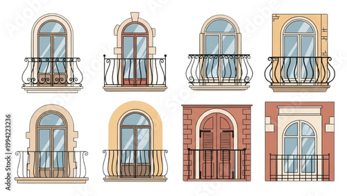 Detailed Set of Classic European Balconies and Windows Architectural Design Elements