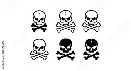 Skulls crossed bones set with various styles and designs featuring black and white, icons, symbols with pirate and danger elements for warning, death