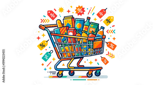 Shopping cart filled with colorful products.