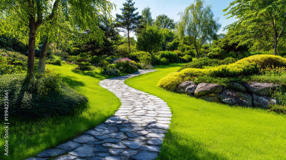 Fototapeta premium Serene garden landscape featuring a winding stone path, bright green grass, and diverse plants under a clear blue sky