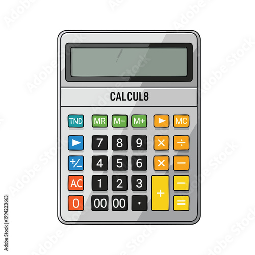 Professional digital calculator device with colorful buttons for accounting and financial calculations.