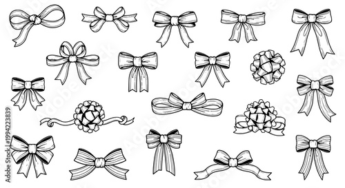 Bows hand drawn set with various styles and designs for decorative purposes featuring ribbon, gift wrapping, bow tie with elegant and stylish