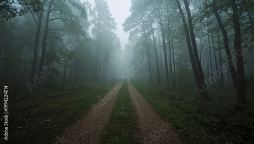 Camino rural en bosque con niebla y árboles verdes en paisaje campestre otoñal en madrugada nublada