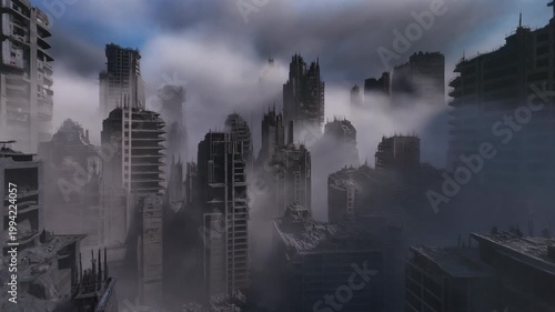 A dark and foggy cityscape shows towering skyscrapers shrouded in mist under a cloudy sky.