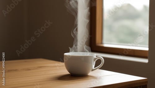 Una taza de café caliente en una mesa de madera, bebida de desayuno con espresso y capuchino, vapor saliendo de porcelana