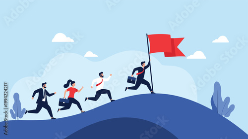 Business team following their leader up a challenging hill towards a red flag, symbolizing teamwork, ambition, and achieving success.