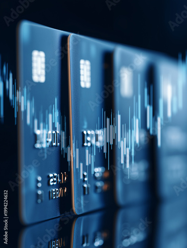 Fintech payment solutions featuring transparent credit cards with vibrant data visualizations Generative AI