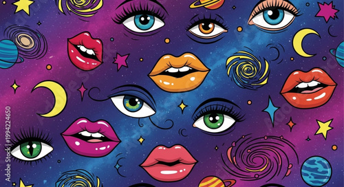 Cosmic Eyes and Lips Pattern with Celestial Elements.
