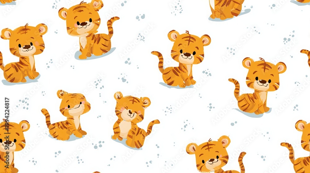 Obraz premium Cute cartoon lion cub seamless repeat pattern, soft pastel nursery decorative design with clean edges on white background for textile and surface print