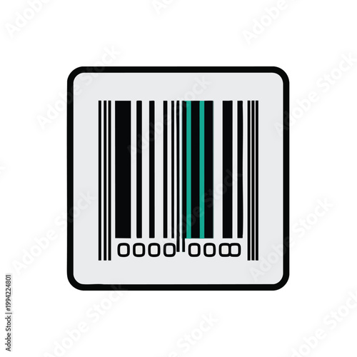 Stylized barcode icon with unique green bar accent on light gray square background.