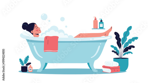 Woman relaxing peacefully in a luxurious bubble bath, surrounded by houseplants and neatly folded towels, symbolizing self-care and relaxation.