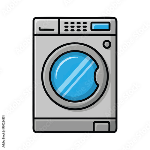 Illustration of a modern silver washing machine front view.