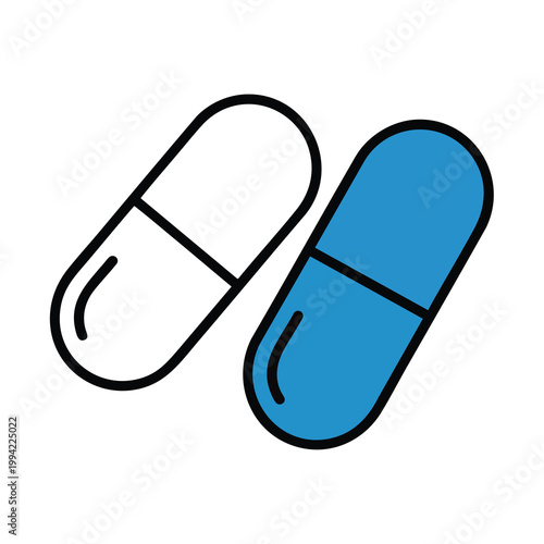 Minimalist outline and solid blue medical pill capsules icon.