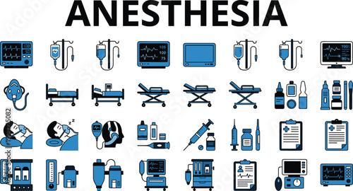 Anesthesia medical icons set with hospital equipment monitoring devices surgical tools and patient care elements vector