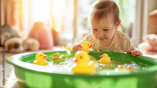 Toddler playing with rubber ducks in water basin, focused on sensory play and exploring during early childhood development