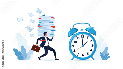 Businessman runs frantically with a huge stack of papers, beside a large alarm clock, symbolizing tight deadlines, overwhelming workload, and time pressure in work.