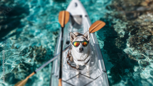 Husky dog wearing reflective sunglasses, enjoying a clear kayak adventure over crystal blue tropical ocean and coral reef